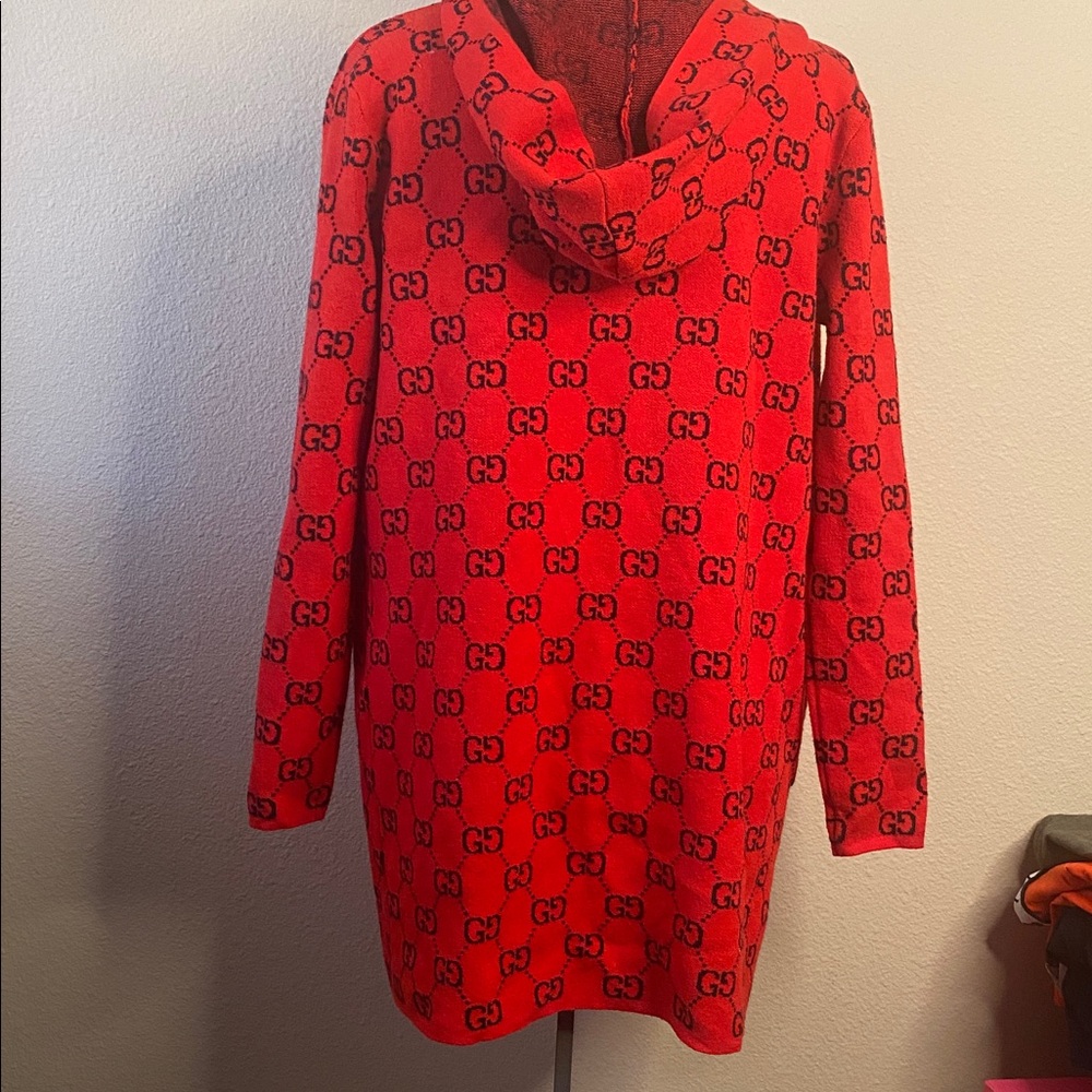 Double GG print red black hooded long cardigan sweater - Picture 8 of 9